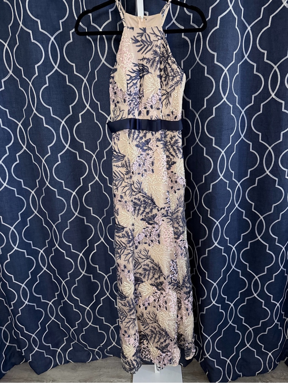 City Triangles Blush Maxi Dress with Navy Floral Embroidery